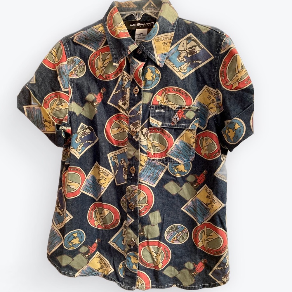 Vintage-Style Printed Denim Button-Up Shirt (Petite XS)